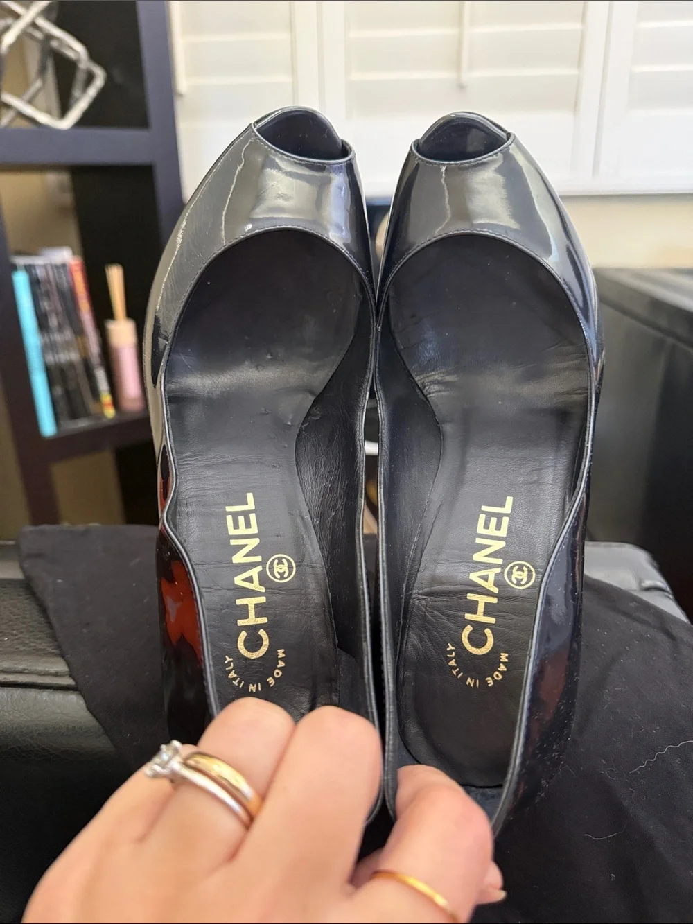 CHANEL Black Patent Peep-Toe Stiletto Pumps with Gold CC Heel Accent
